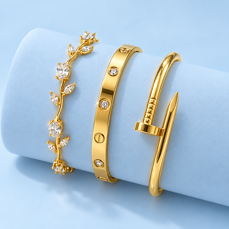 3-Piece Golden Cartier & Nail Style Bracelet Set