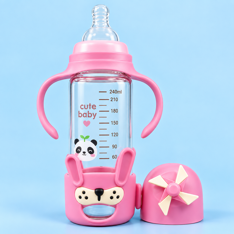 240ml Baby Glass Feeder Bottle with Handles & Silicone Sleeve
